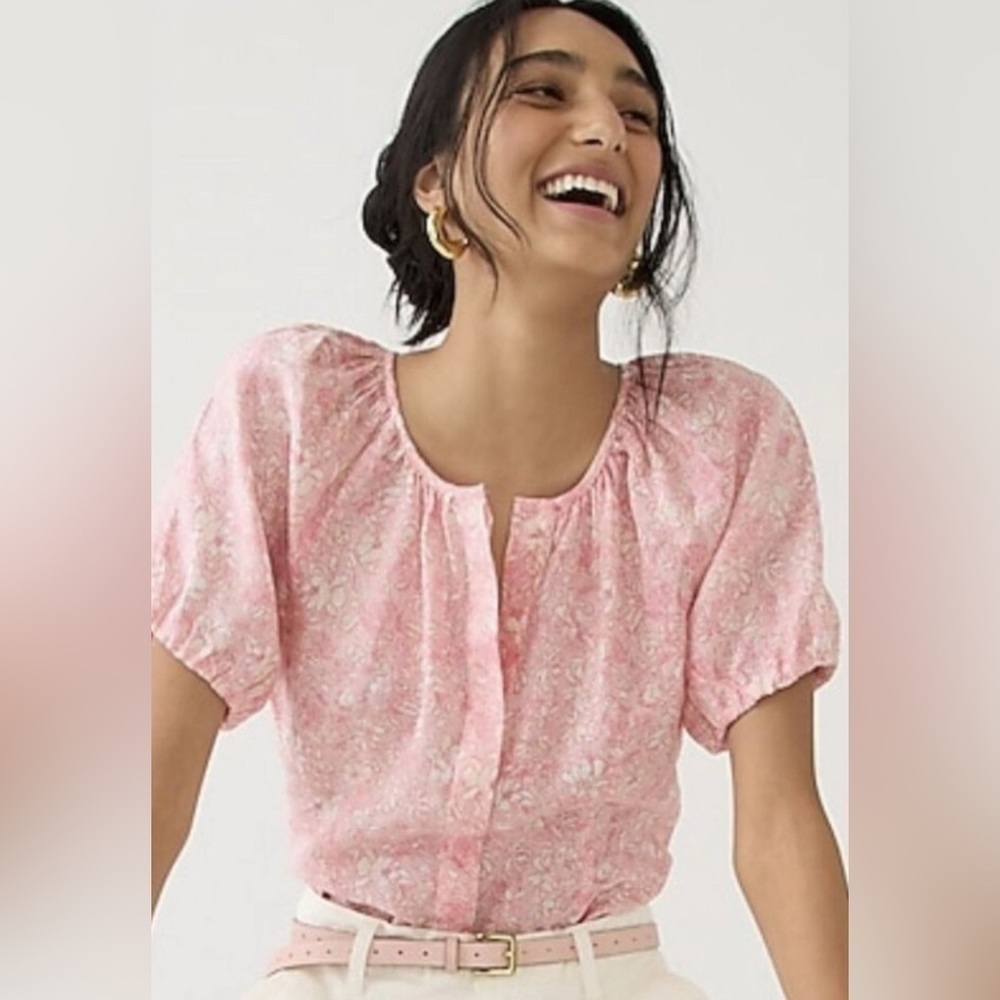 J Crew V-back Linen Puff Sleeve Top Blouse in Tossed Floral Size 12 Pink NWT